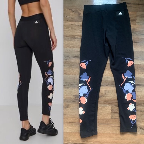 Adidas Floral Theme Leggings exposed elastic waistband Size-S NWOT - Picture 2 of 16